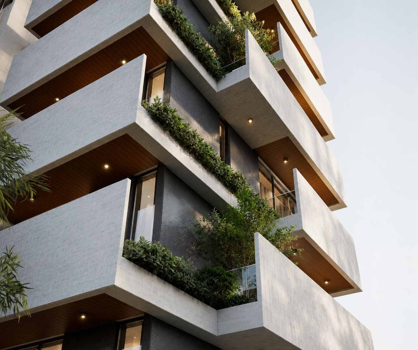 Integrated landscaped garden terraces across the Hawa residential facade